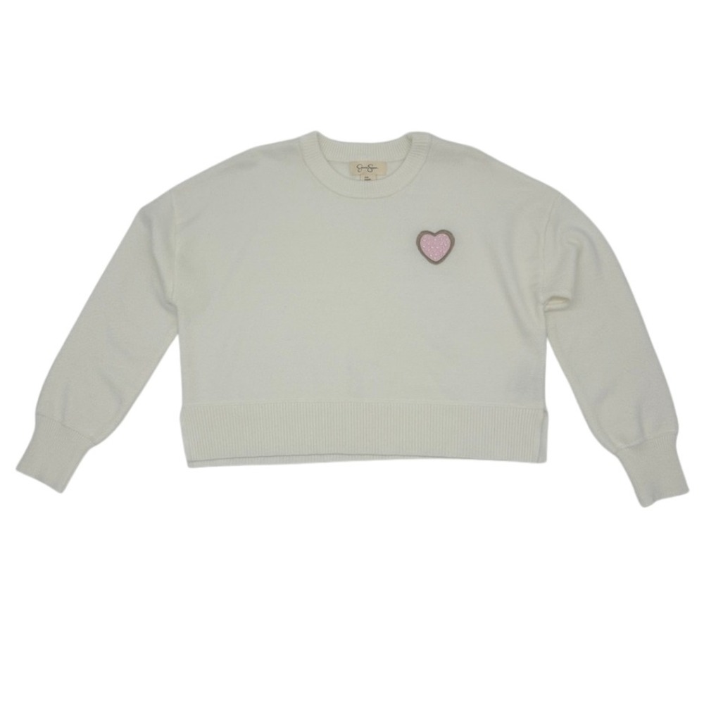 NWT Jessica Simpson Ivory Cropped Knit Sweater Pink Heart Patch Womens‎ Size M